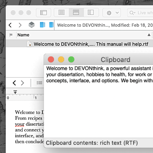 Screenshot of clipboard panel and a new document in DEVONthink.