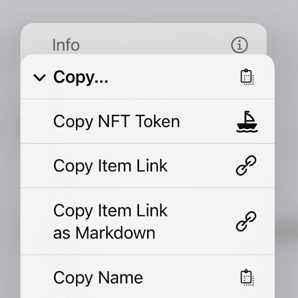 Screenshot showing DEVONthink To Go's context menu with the new Copy NFT Token command.