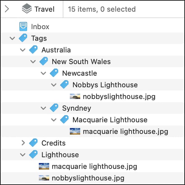 Screenshot showing nested tags in the tags group in DEVONthink 3.