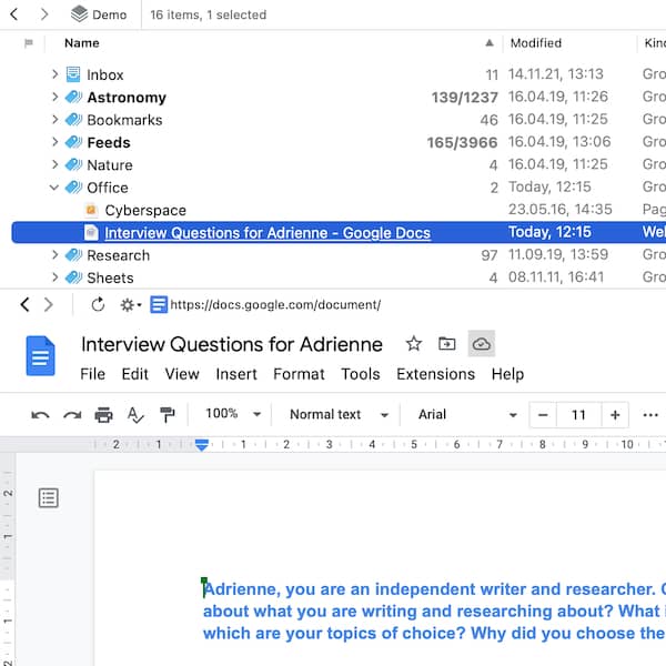 Screenshot of a Google Docs document loaded for editing in DEVONthink.