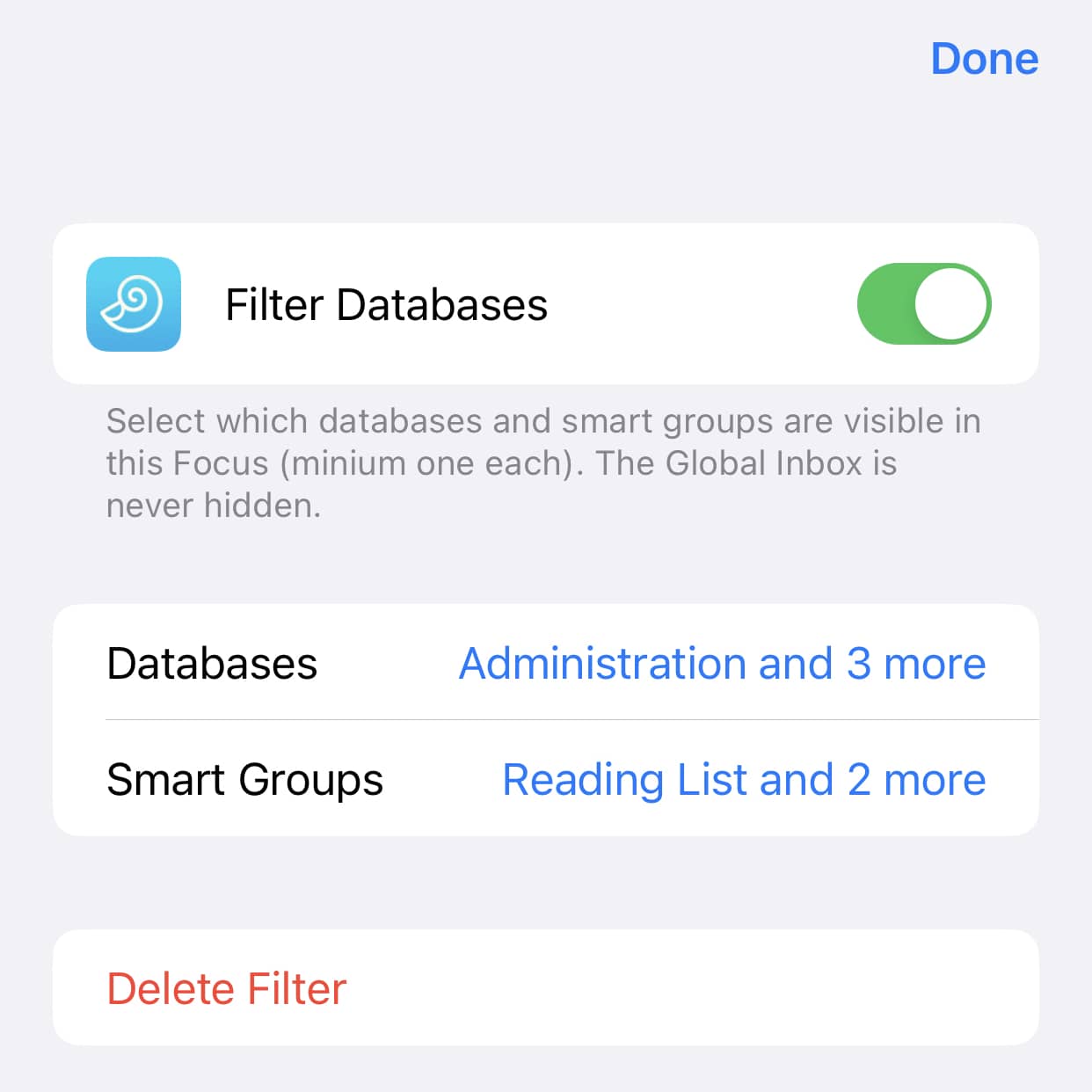 Screenshot of iOS 16 focus filter settings showing DEVONthink databases and smart groups.