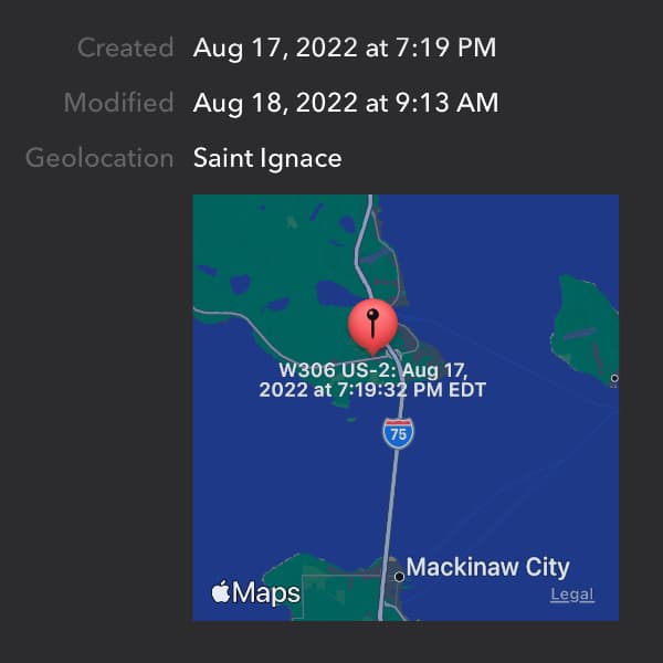 Screenshot showing the geolocation in the Info pop-up in DEVONthink To Go.
