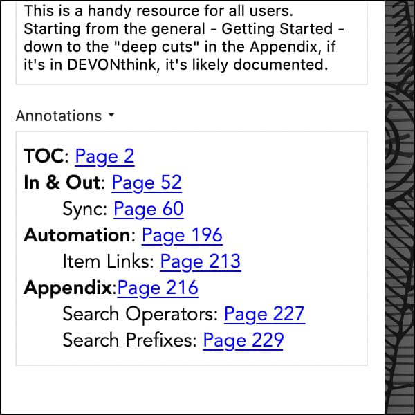 Bildschirmfoto, auf dem der Inspektor Annotationen & Erinnerungen in DEVONthink 3 zu sehen ist.