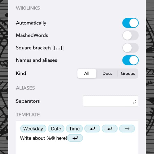 Screenshot showing the WikiLink preferences in DEVONthink To Go.