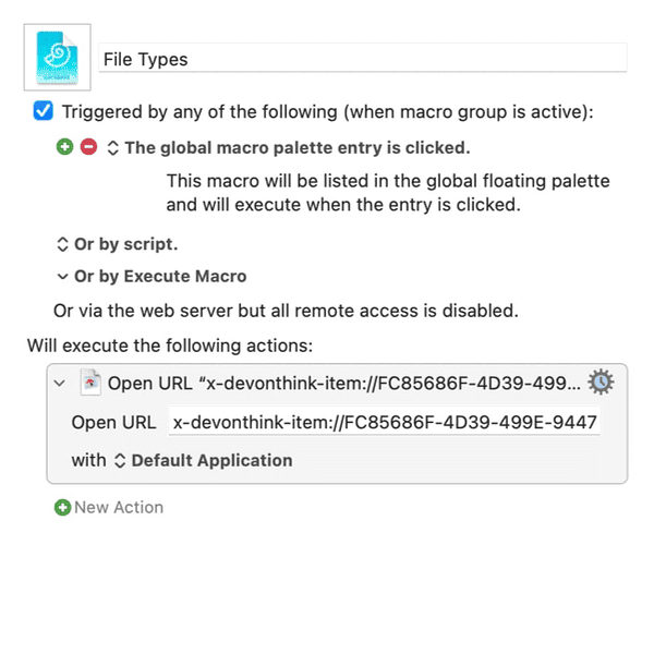 Screenshot showing the setup for a macro in Keyboard Maestro.