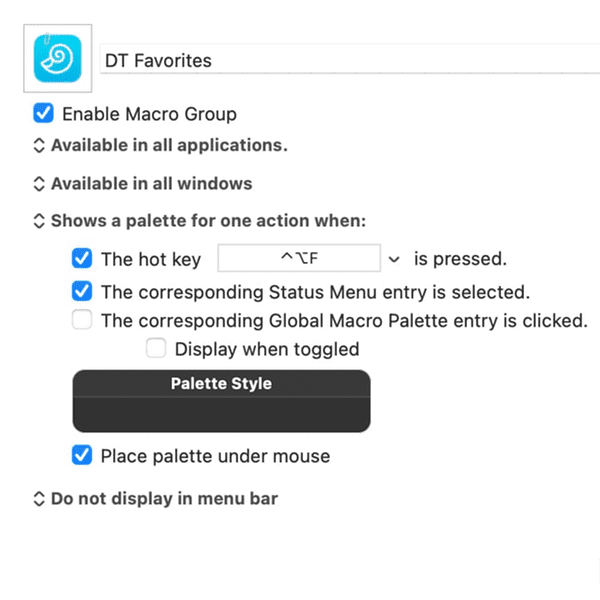 Screenshot showing the setup for a macro group in Keyboard Maestro.