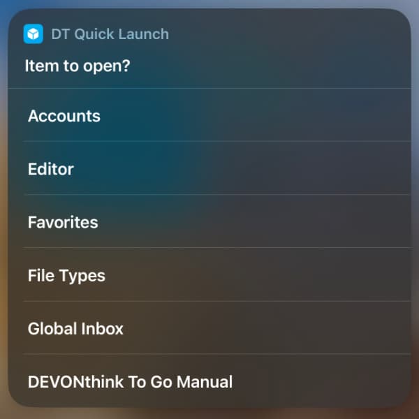 Screenshot showing the shortcut for quickly launching DEVONthink To Go.