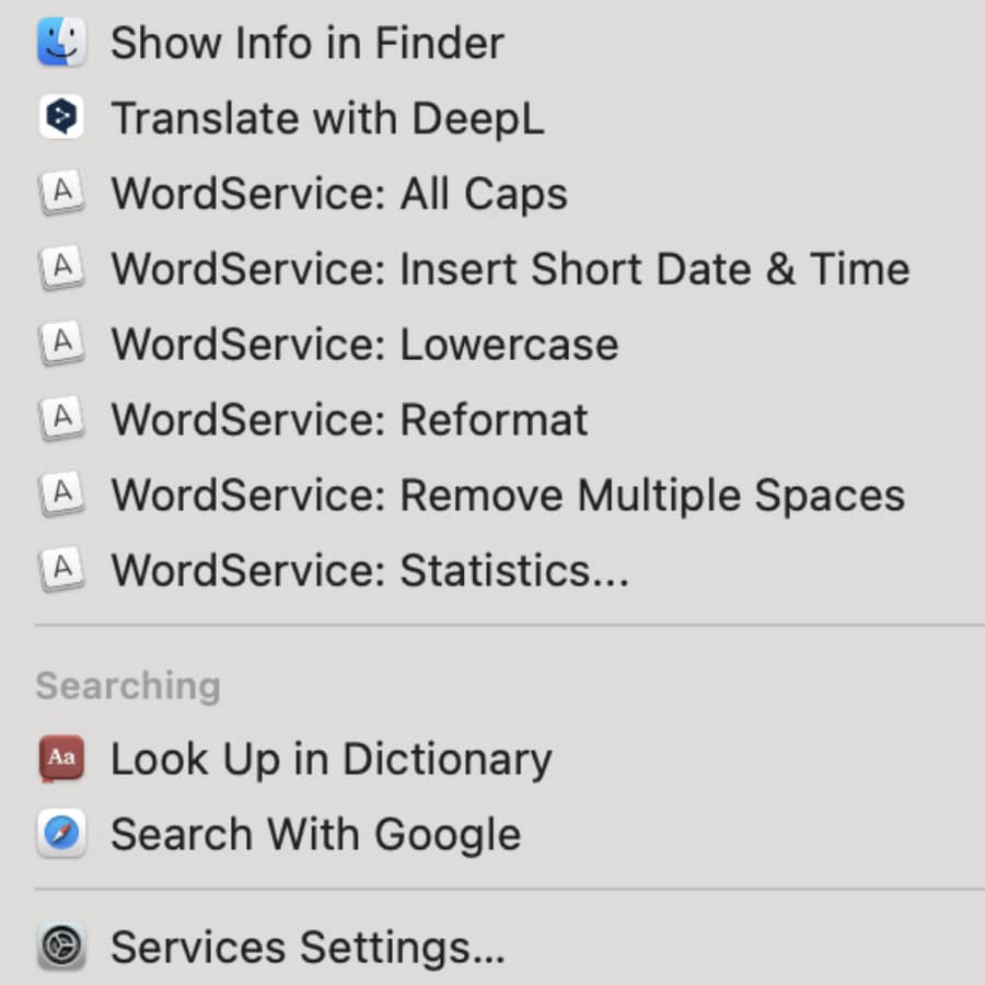 Bildschirmfoto, auf dem WordService-Befehle im Dienste-Menü einer Anwendung zu sehen sind.