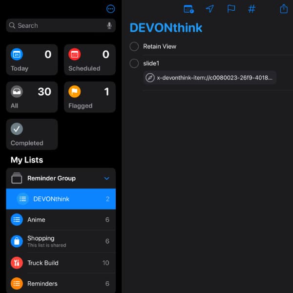 Screenshot showing the Reminders app with a reminder from an DEVONthink To Go item.