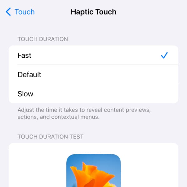 Bildschirmfoto, auf dem die Einstellungen für Haptic Touch auf iOS zu sehen sind.