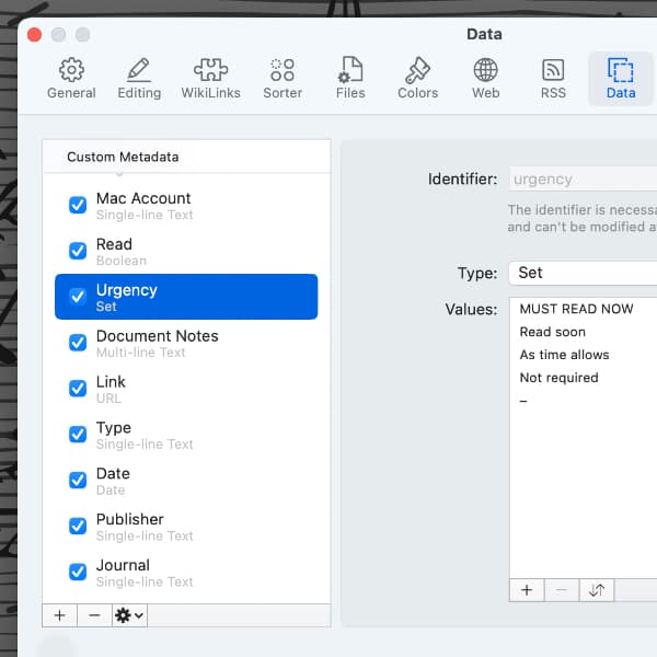 Screenshot showing the preferences for custom metadata in DEVONthink.