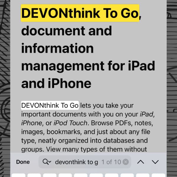 Screenshot showing a in-document search in DEVONthink To Go.