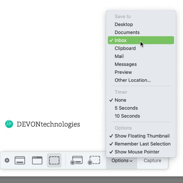 Die macOS-Funktion zum Anfertigen von Bildschirmkopien mit dem Eingangsordner von DEVONthink ausgewählt.