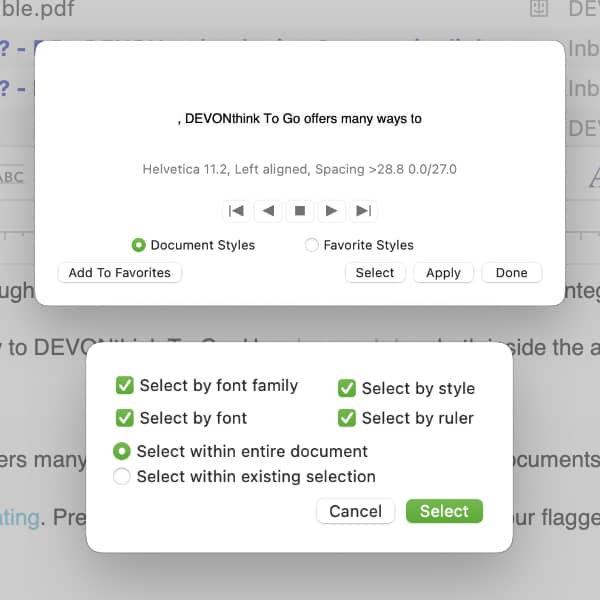 Bildschirmfoto, auf dem der Stile-Dialog mit verschiedenen, ausgewählten Optionen für ein RTF-Dokument in DEVONthink zu sehen ist.