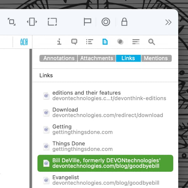 Screenshot showing DEVONthink's document links inspector displaying links in a selected document.