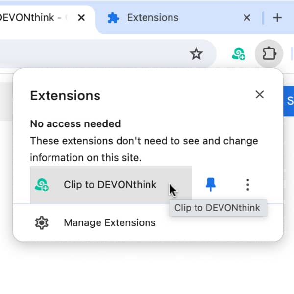 Screenshot showing a section of a Google Chrome window with the extensions popover opened containing Clip to DEVONthink.