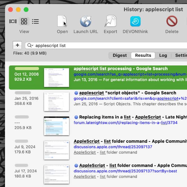 Screenshot showing a DEVONagent search window with browser history search results.