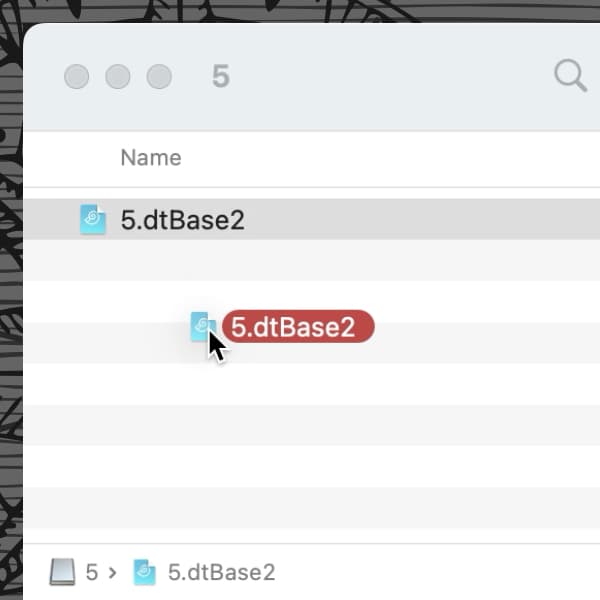 Bildschirmfoto, das ein Finder-Fenster zeigt. Das Finder-Fenster enthält das geöffnete Disk Image einer verschlüsselten Datenbank, wie in diesem Beitrag beschrieben. Das Disk Image enthält eine reguläre Datenbankdatei.