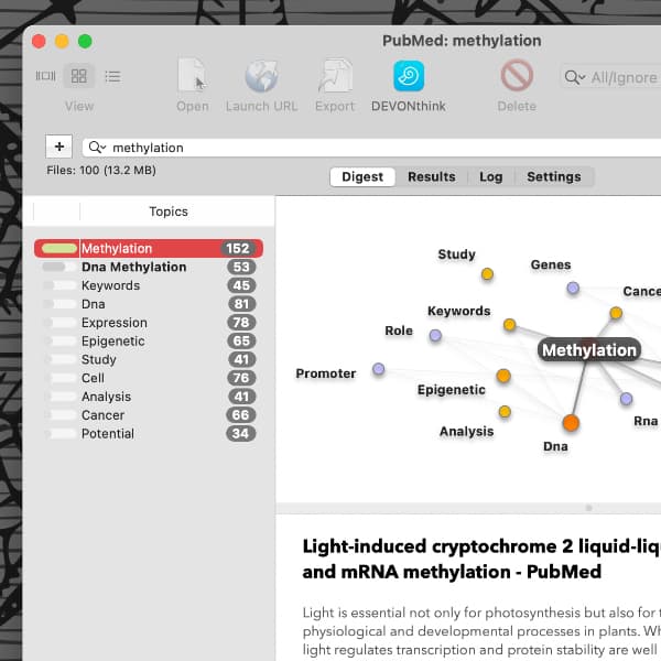 Bildschirmfoto, auf dem ein DEVONagent-Fenster zu sehen ist. Das Fenster zeigt Suchresultate für eine Suche nach „Methylation“ in der Übersicht-Ansicht.