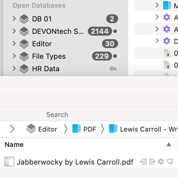 Bildschirmfoto, auf dem zwei DEVONthink-Fenster mit verschiedenen Objekten zu sehen sind, die mit Symbolen gekennzeichnet sind.