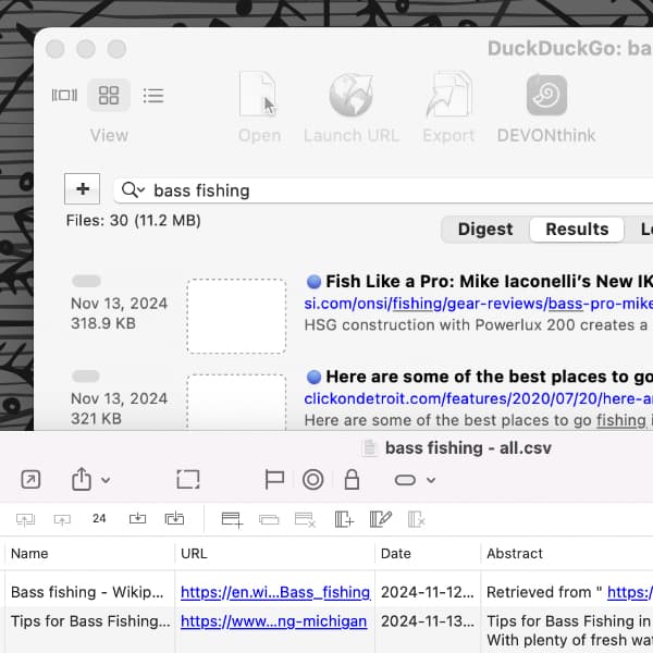 Screenshot showing a DEVONagent window with the Results tab and a window with the .csv export of the results.