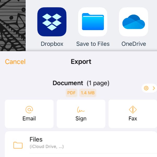 Bildschirmfoto, auf dem die Export-Optionen der Scan-App Genius Scan auf iOS zu sehen sind. Darunter befindet sich die Möglichkeit, die Scans in der Dateien-App abzulegen.