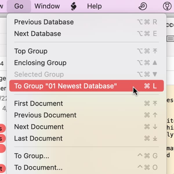 Bildschirmfoto, auf dem das Gehe-zu-Menü in DEVONthink zu sehen ist. In dem Menü ist der Gehe-zu-Gruppe-Befehl ausgewählt, der in diesem Blogeintrag vorgestellt wird.