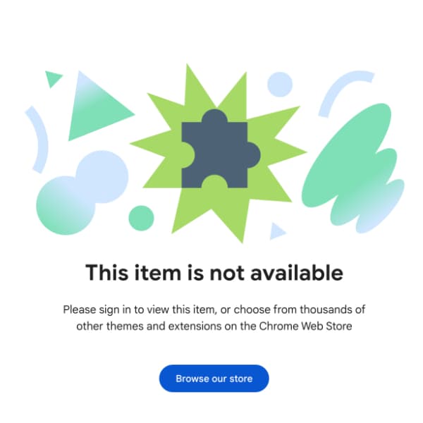 Screenshot showing an error in locating our browser extension in the Chrome Web Store.