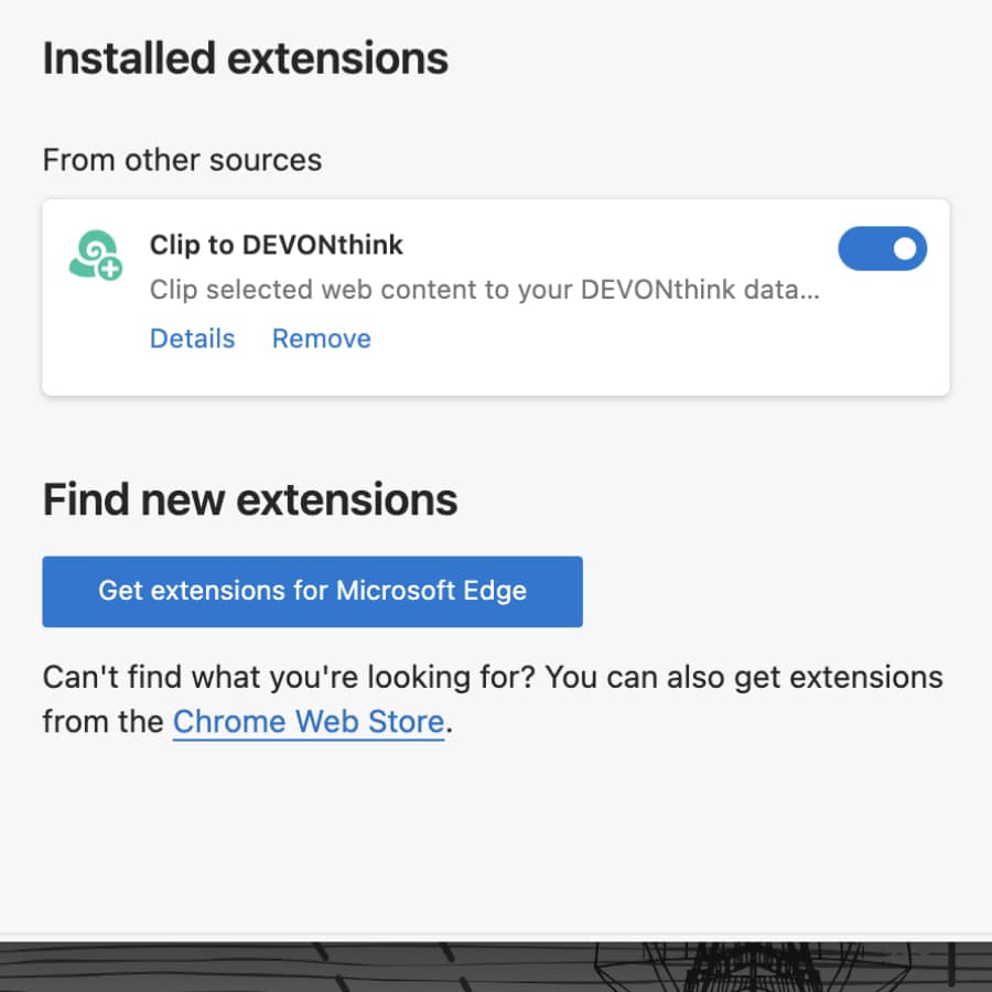 Screenshot showing the settings for the extensions for Microsoft Edge, including Clip to DEVONthink.