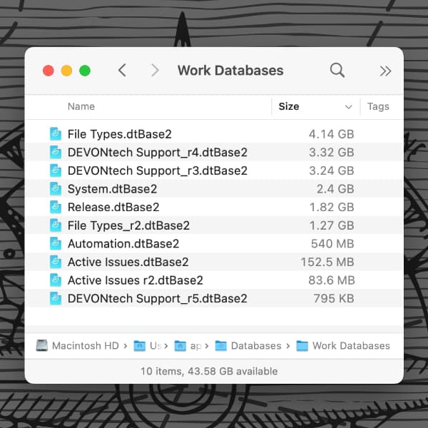 Screenshot showing a Finder window containing DEVONthink databases.