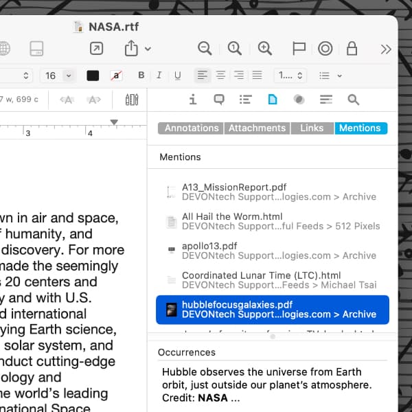 Screenshot showing the Mentions inspector in DEVONthink. As described in the blog article, the inspector lists documents in which the selected document is mentioned.