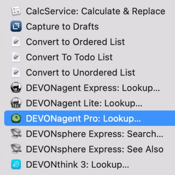 Screenshot showing DEVONtechnologies' search services in macOS' Services menu. The DEVONagent Pro: Lookup service mentioned in the article is selected.