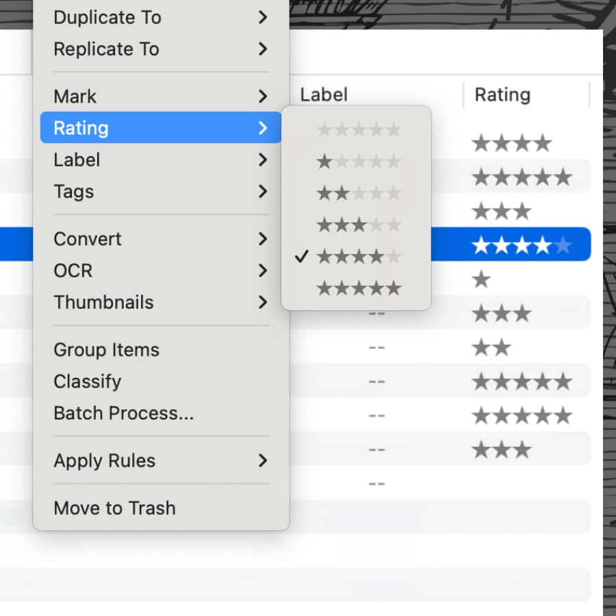 Screenshot of a DEVONthink window. The window shows some objects with a rating and a context menu with the rating selection.