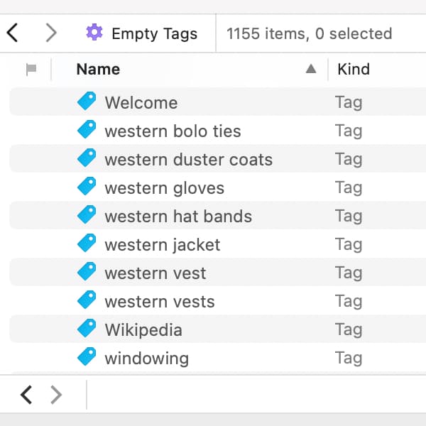 Screenshot showing empty tags listed in a global smart group in DEVONthink.