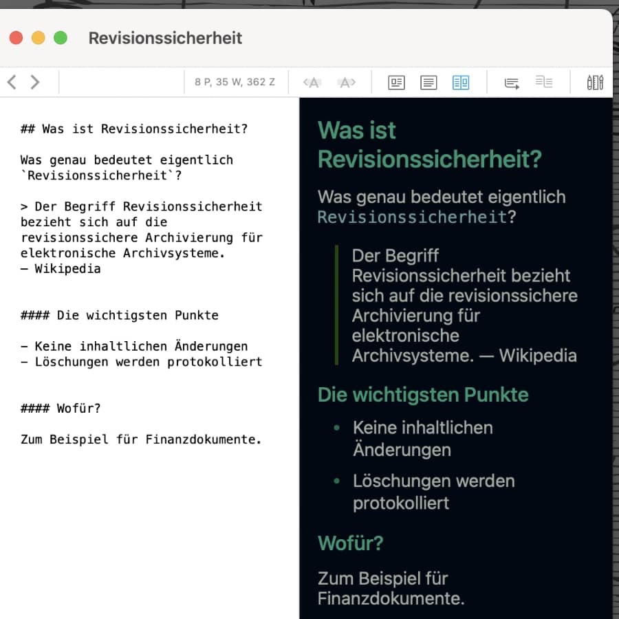 Bildschirmfoto, das ein geöffnetes Markdown-Dokument in DEVONthink in der Nebeneinander-Ansicht zeigt. Der Text in der Vorschau verwendet das Stylesheet von „jsloop“, das in diesem Blogartikel vorgestellt wird.