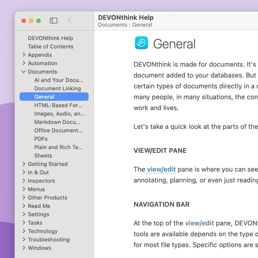 Screenshot showing the new Help viewer in DEVONthink 4.