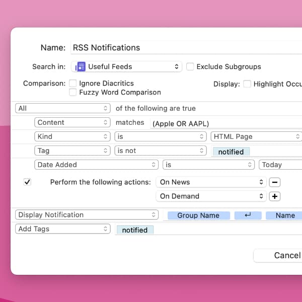 Screenshot showing DEVONthink's smart rule editor with the smart rule for rss notifications.