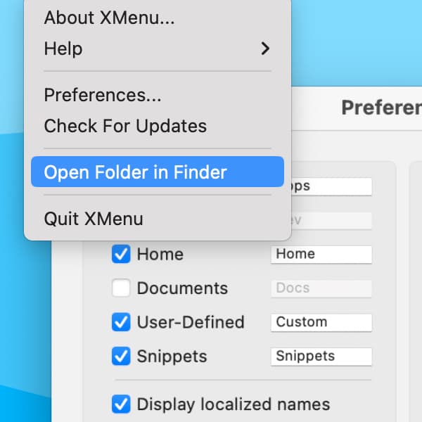 Screenshot showing the XMenu preferences and the contextual menu of a XMenu's menu.