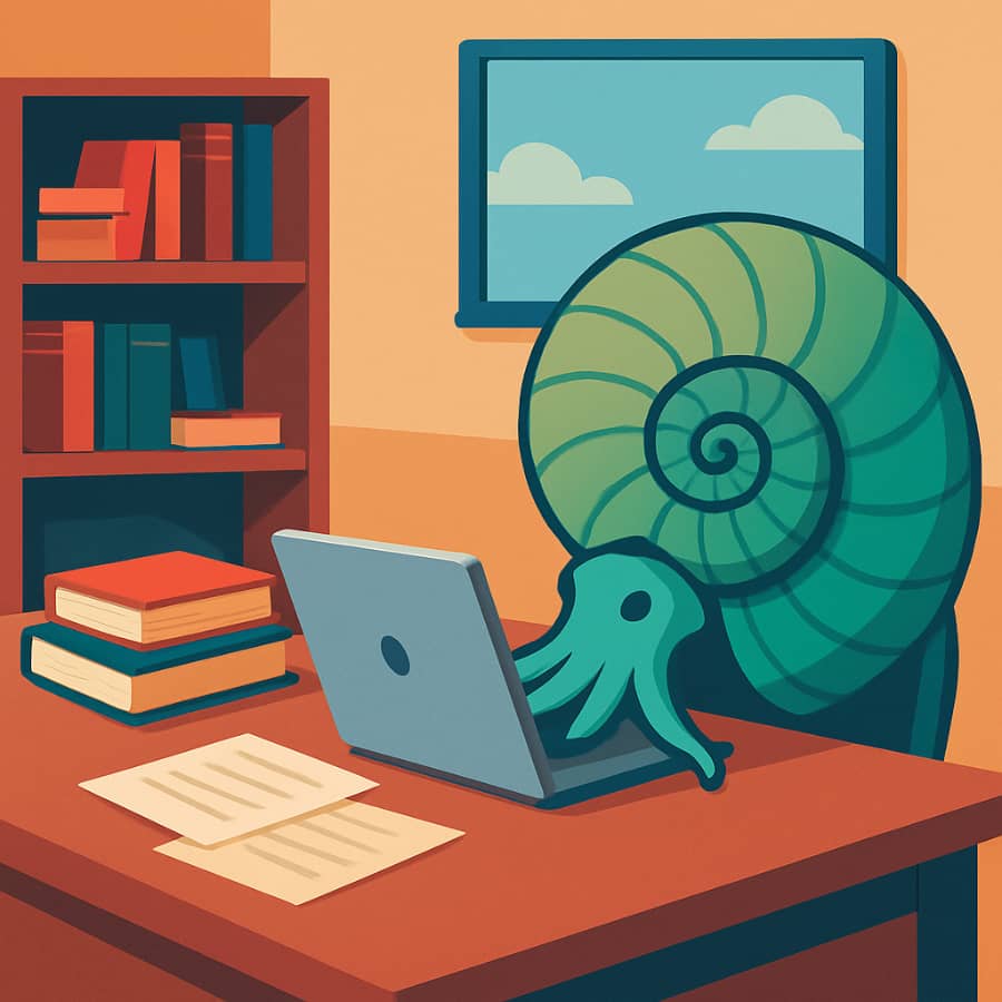 Ein durch künstliche Intelligenz erzeugtes Bild, auf dem ein Ammonit in einer akademisch aussehenden Arbeitsumgebung zu sehen ist, der an einem Schreibtisch vor einem Laptop sitzt. Auf dem Tisch liegen noch Bücher und Dokumente, neben dem Tisch steht ein Bücherregal.