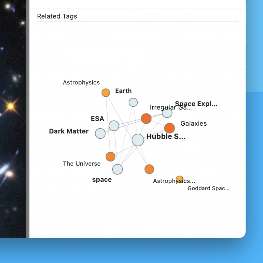 Screenshot showing the Related Tags section of the DEVONthink 4 Tag Inspector. This section shows a graph displaying interconnections with other tags in the database.