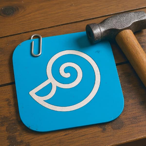 Das Bild zeigt eine Umgebung, die nach einer Schreiner-Werkstatt aussieht. Auf auf einem hölzernen Tisch liegt ein DEVONthink-Logo, daneben ein Hammer mit einem Holzgriff.