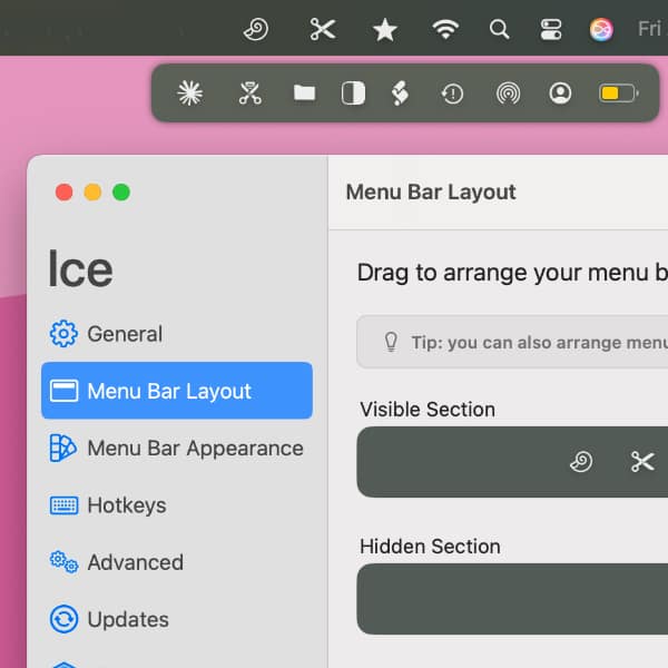 Screenshot showing the macOS menu bar. Below it is a floating second bar from the utility Ice and the Ice settings.