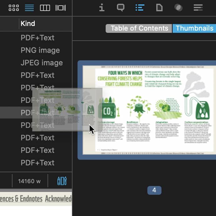 Dragging a thumbnail out of the PDF thumbnails list.